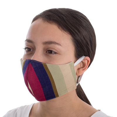 Gesichtsmasken aus Baumwolle, (Paar) - 2 handgewebte 3-lagige Masken aus gestreifter und einfarbiger blauer Baumwolle