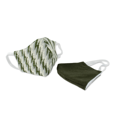 Cotton face masks, 'Zigzag Brocade' (pair) - 2 Handwoven Cotton Masks in Green Brocades & Solid Brown