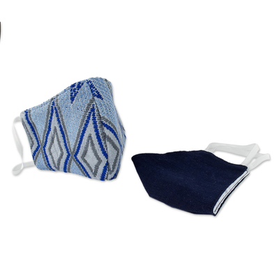 Gesichtsmasken aus Baumwolle, (Paar) - 2 handgewebte blaue Baumwollmasken aus Brokat und einfarbigem Marineblau