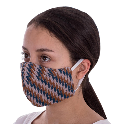 Cotton face masks, 'Psychedelic Brocade' (pair) - 2 Handwoven Cotton Masks in Blue-Brown Brocade & Solid Lilac
