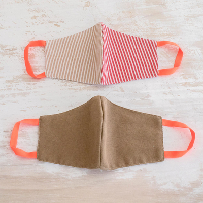 Cotton face masks 'Candy Stripe Brown' (pair) - 2 Adults Handwoven Cotton Masks in Brown-Red Stripes & Brown