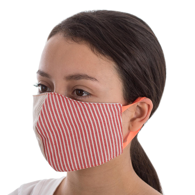 Cotton face masks, 'Candy Stripe Brown' (pair) - 2 Adults Handwoven Cotton Masks in Brown-Red Stripes & Brown