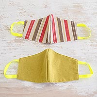 Cotton face masks, 'Maya Spice' (pair) - 2 Handwoven 3-Layer Masks in Red Stripe & Citron Cotton