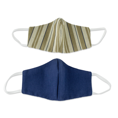 Cotton face masks, 'Maya Handlooms' (pair) - Brown Striped & Blue Handwoven Cotton Face Masks