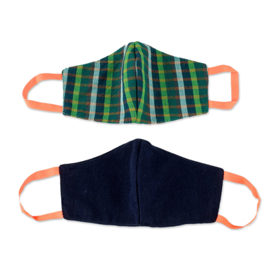 Gesichtsmasken aus Baumwolle, (Paar) - 2 handgewebte Baumwollmasken in grünem Karo und einfarbigem Blau