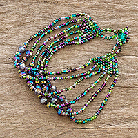Beaded wristband bracelet, 'Fiesta in Izabal' - Green and Purple Bracelet with Crystal and Glass Beads