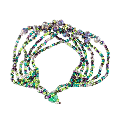 Beaded wristband bracelet, 'Fiesta in Izabal' - Green and Purple Bracelet with Crystal and Glass Beads