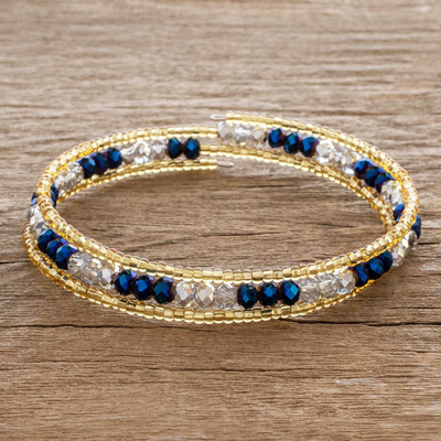 Beaded wrap bracelet, 'Brilliant Blue' - Blue and Gold Crystal Beaded Wrap Bracelet