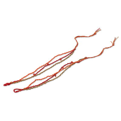 Beaded macrame bracelet, 'Fiery Harmony' - Macrame Beaded Bracelet in Red and Orange