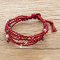 Beaded macrame bracelet, 'Solola Fire' - Bead Accented Red Macrame Bracelet