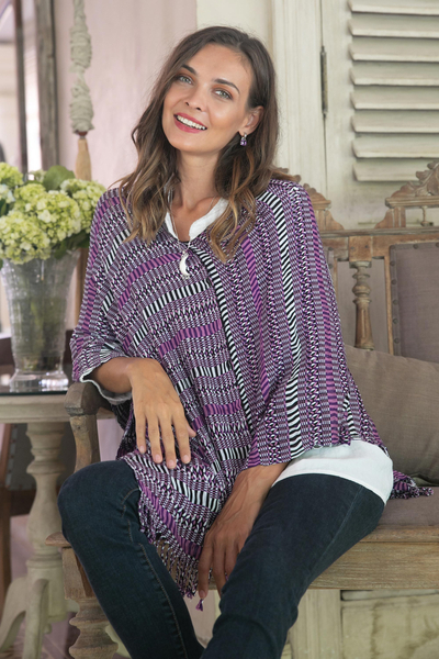 Natural dyes cotton poncho, 'Amethyst Intrigue' - Guatemalan Handwoven Cotton Poncho in Pink and Purple