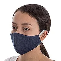 Baumwoll-Gesichtsmasken, „Blue Denim Style“ (Paar, groß) – Dreilagige Gesichtsmasken aus dunkelblauem Baumwoll-Denim, groß (Paar)