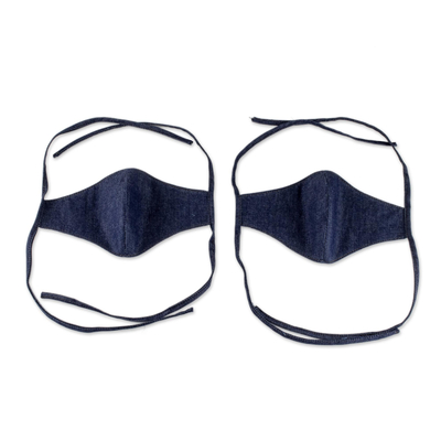 Cotton face masks, 'Blue Denim Classic' - 2 Ties-On Dark Blue Cotton Denim 3-Layer Unisex Face Masks