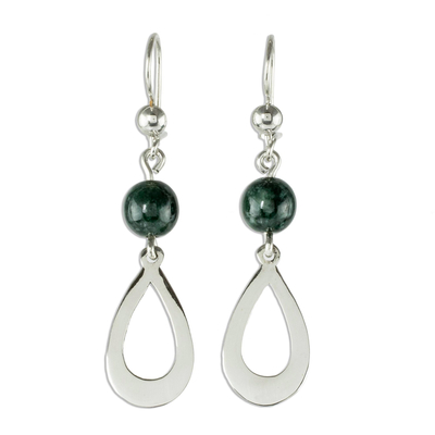 Jade dangle earrings, 'Subtlety in Dark Green' - Dark Green Jade and Sterling Silver Dangle Earrings