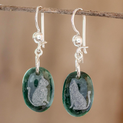 Jade dangle earrings, 'Nature of God - Cat' - Sterling Silver and Jade Cat Dangle Earrings