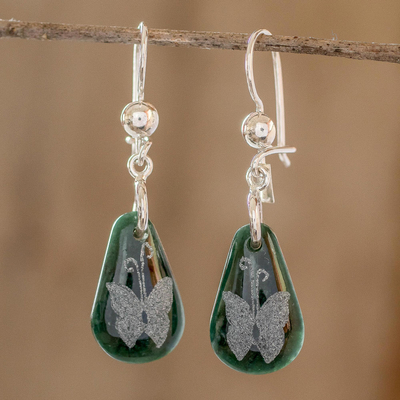 Jade dangle earrings, 'Living Nature - Butterfly' - Sterling Silver and Jade Butterfly Dangle Earrings