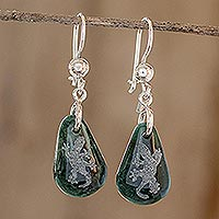 Jade dangle earrings, 'Living Nature - Gecko' - Sterling Silver and Jade Gecko Dangle Earrings
