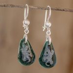 Jade dangle earrings, 'Living Nature - Gecko' - Sterling Silver and Jade Gecko Dangle Earrings