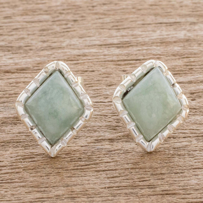 Jade stud earrings, 'Apple Green Diamond' - Sterling Silver Stud Earrings with Apple Green Jade Diamonds