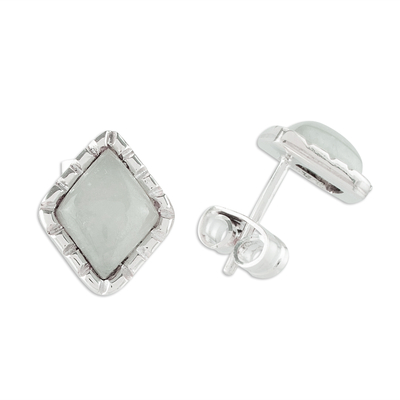 Jade stud earrings, 'Ice Green Diamond' - Silver Stud Earrings with Pale Ice Green Jade Diamonds