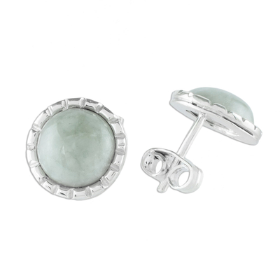 Jade stud earrings, 'Apple Green Moon' - Sterling Silver Stud Earrings with Apple Green Jade Circles