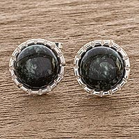 Jade stud earrings, 'Dark Green Moon' - Silver Stud Earrings with Very Dark Green Jade Circles