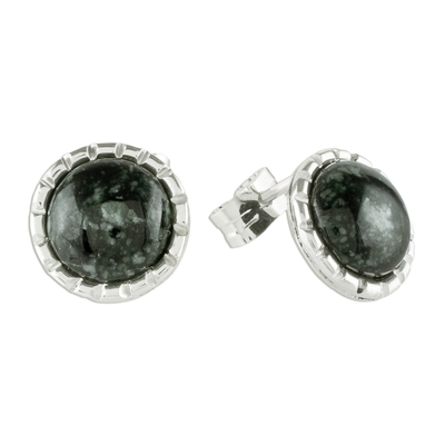 Jade stud earrings, 'Dark Green Moon' - Silver Stud Earrings with Very Dark Green Jade Circles