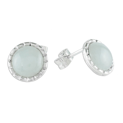 Jade stud earrings, 'Ice Green Moon' - 925 Silver Stud Earrings with Pale Ice Green Jade Circles