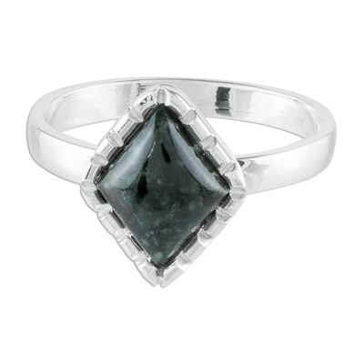 Sterling Silver Ring with a Very Dark Green Jade Diamond