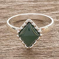 Jade cocktail ring, 'Princess Green Diamond' - Sterling Silver Ring with a Princess Green Jade Diamond