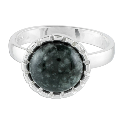 Sterling Silver Ring with a Very Dark Green Jade Circle, 'Dark Green Moon'