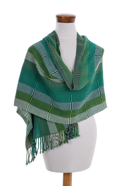 Baumwollschal - Handgewebter Schal aus guatemaltekischer Baumwolle in Grün und Türkis