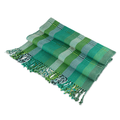Cotton shawl 'Cooling Country Breeze' - Green and Turquoise Handwoven Guatemalan Cotton Shawl