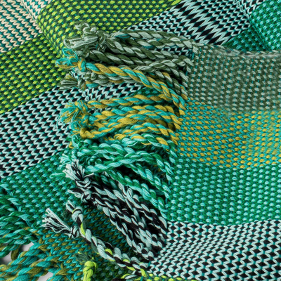 Baumwollschal - Handgewebter Schal aus guatemaltekischer Baumwolle in Grün und Türkis