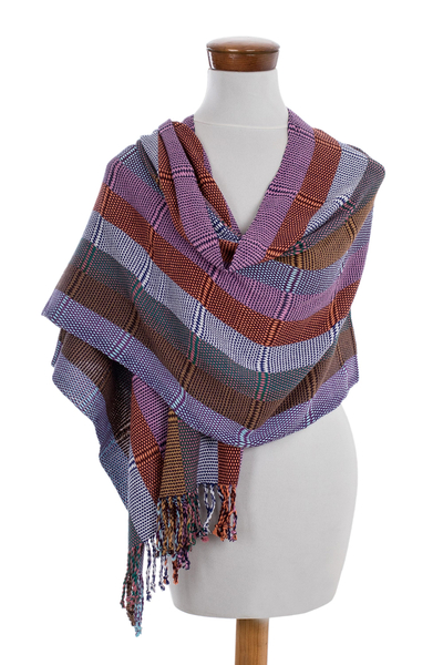 Cotton shawl, 'Amethyst Country Garden' - Rose and Amethyst Handwoven Guatemalan Cotton Shawl
