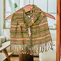Bufanda de algodón, 'Sunny Forest Rose' - Bufanda de algodón tejida a mano verde-amarillo-melocotón de Guatemala