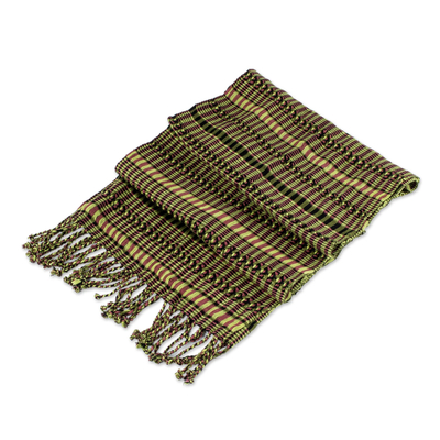 Cotton scarf, 'Sunny Forest Rose' - Green-Yellow-Peach Handwoven Cotton Scarf from Guatemala