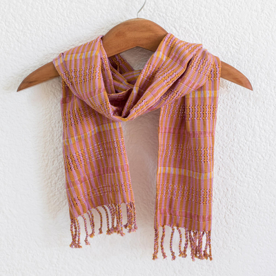 Cotton scarf, 'Marigold Fuchsia Honey' - Orange-Brown-Fuchsia Handwoven Cotton Scarf from Guatemala