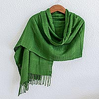 Rayon shawl 'Bright Apple Green' - Guatemala Backstrap Handwoven Apple Green Rayon Shawl