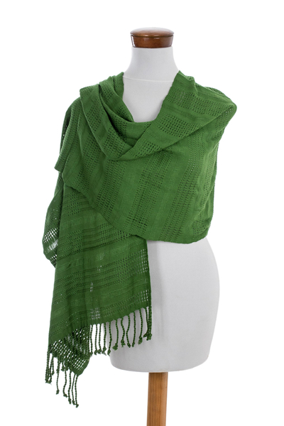 Rayon shawl, 'Bright Apple Green' - Guatemala Backstrap Handwoven Apple Green Rayon Shawl