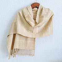 Rayon shawl, 'Textured Vanilla Beige' - Guatemala Backstrap Handwoven Beige Rayon Shawl
