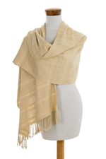 Rayon shawl, 'Textured Vanilla Beige' - Guatemala Backstrap Handwoven Beige Rayon Shawl