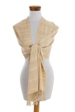 Rayon shawl, 'Textured Vanilla Beige' - Guatemala Backstrap Handwoven Beige Rayon Shawl