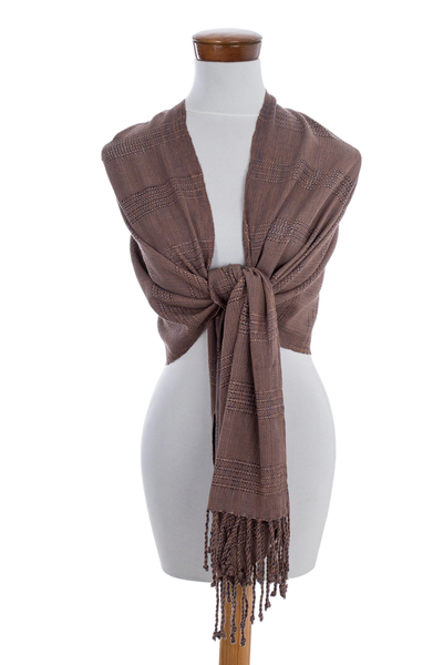 Rayon shawl 'Textured Brown' - Guatemala Backstrap Handwoven Brown Rayon Shawl