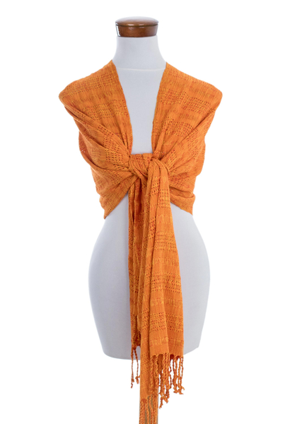 Rayon shawl 'Textured Tangerine' - Guatemala Backstrap Handwoven Yellow-Orange Rayon Shawl
