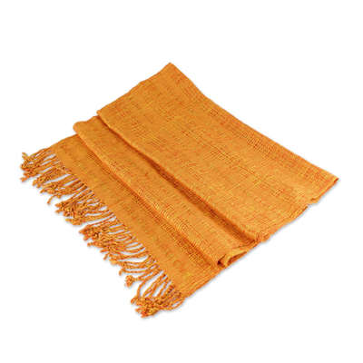 Rayon shawl, 'Textured Tangerine' - Guatemala Backstrap Handwoven Yellow-Orange Rayon Shawl