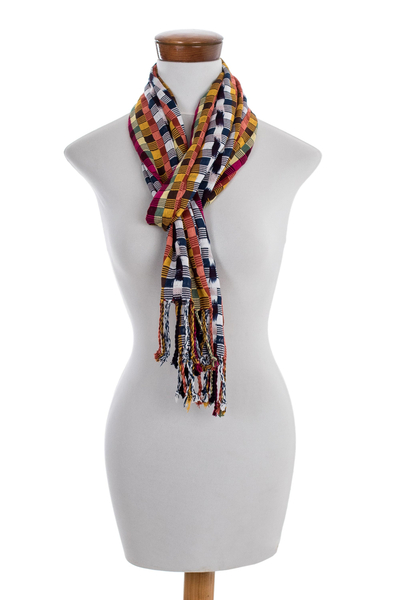 Cotton scarf, 'Happy Gumdrops' - Backstrap Handwoven Colorful Cotton Scarf from Guatemala