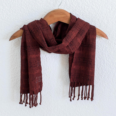 Hand woven rayon scarf, 'Color and Texture in Rust' - Deep Rust Rayon Scarf Hand Woven in Guatemala