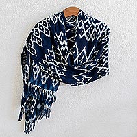 Rayon ikat shawl, 'Navy Blue Silhouettes'