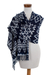 Rayon ikat shawl, 'Navy Blue Silhouettes' - Navy and White Ikat Shawl from Guatemala thumbail